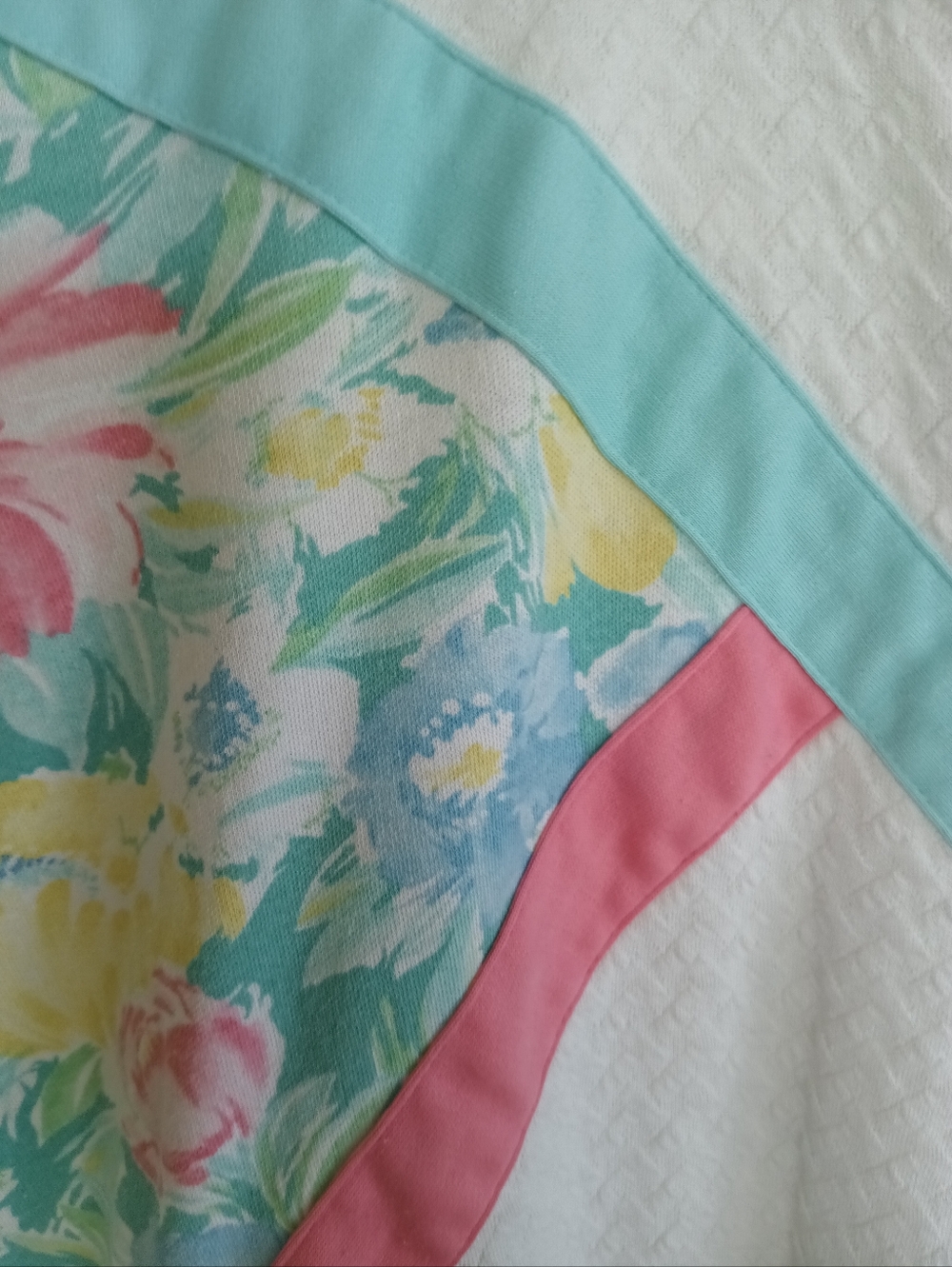 Koret White Floral Panel Colorblock Sweater Vintage Pastel Pink Blue Textured LG - Picture 6 of 12